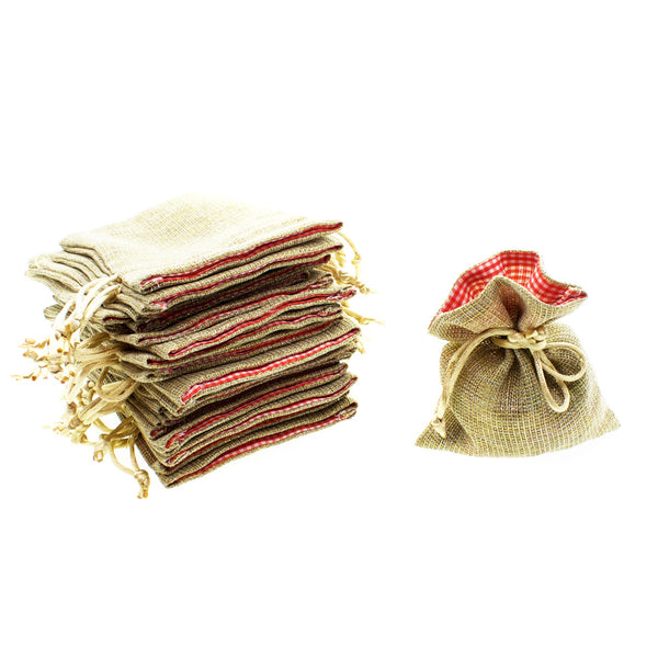 Gold Linen Bags with Gingham Checker Opening Favor Bags