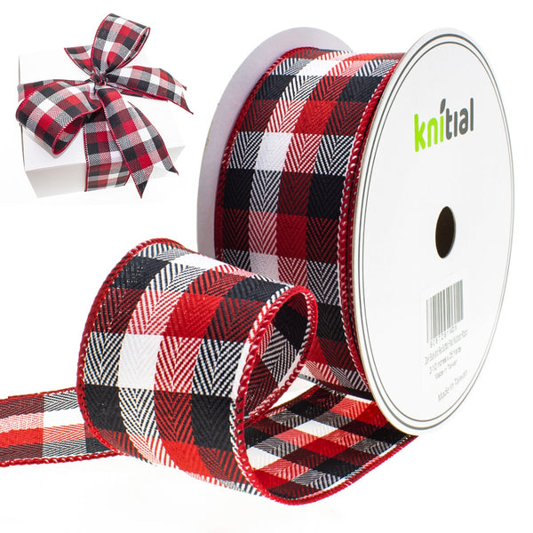 Knitial Buffalo Plaid Wired Ribbon Dark Red, Black, and White 2-1/2" x 25 Yards