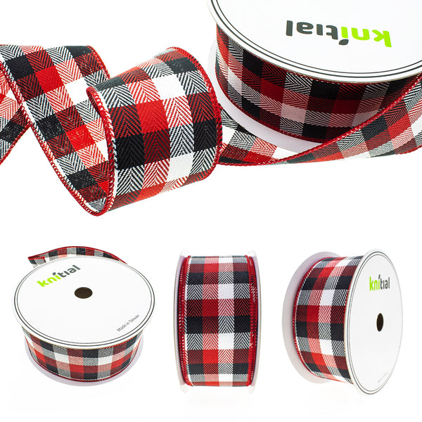 Knitial Wired Multicolor Buffalo Plaid Ribbon Dark Red, Black, and White All Angles