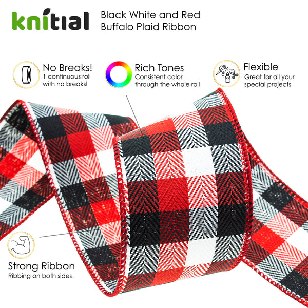 Knitial Buffalo Plaid Multicolor Ribbon - Dark Red, Black, and White 2-1/2" x 25 Yards Feature