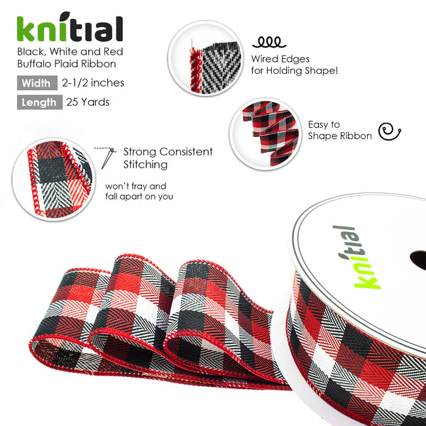 Knitial Buffalo Plaid Multicolor Ribbon Dark Red, Black, and White 2-1/2" x 25 Yards Feature