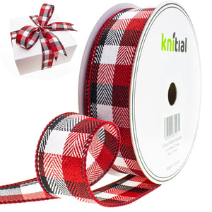 Knitial Buffalo Plaid Wired Ribbon Dark Red, Black, and White Multicolor 1-1/2" x 25 Yards