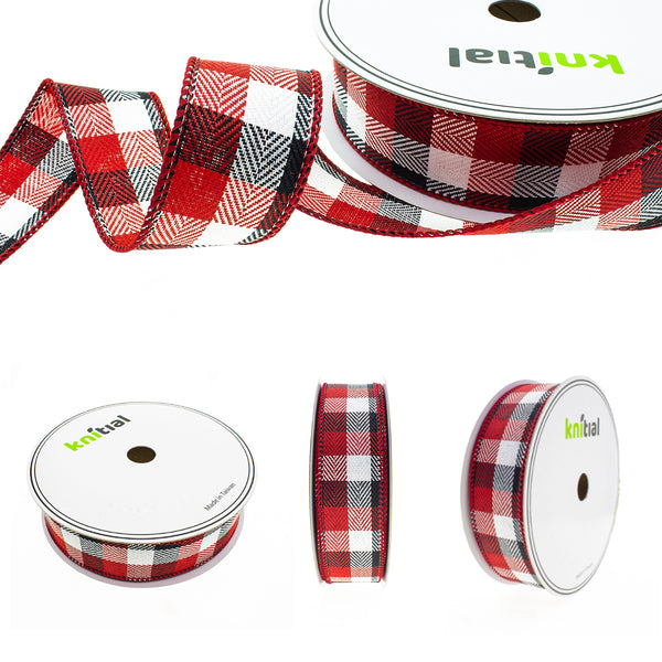Knitial Buffalo Plaid Ribbon Multicolor 1-1/2" x 25 Yards Dark Red, Black and White All Angles