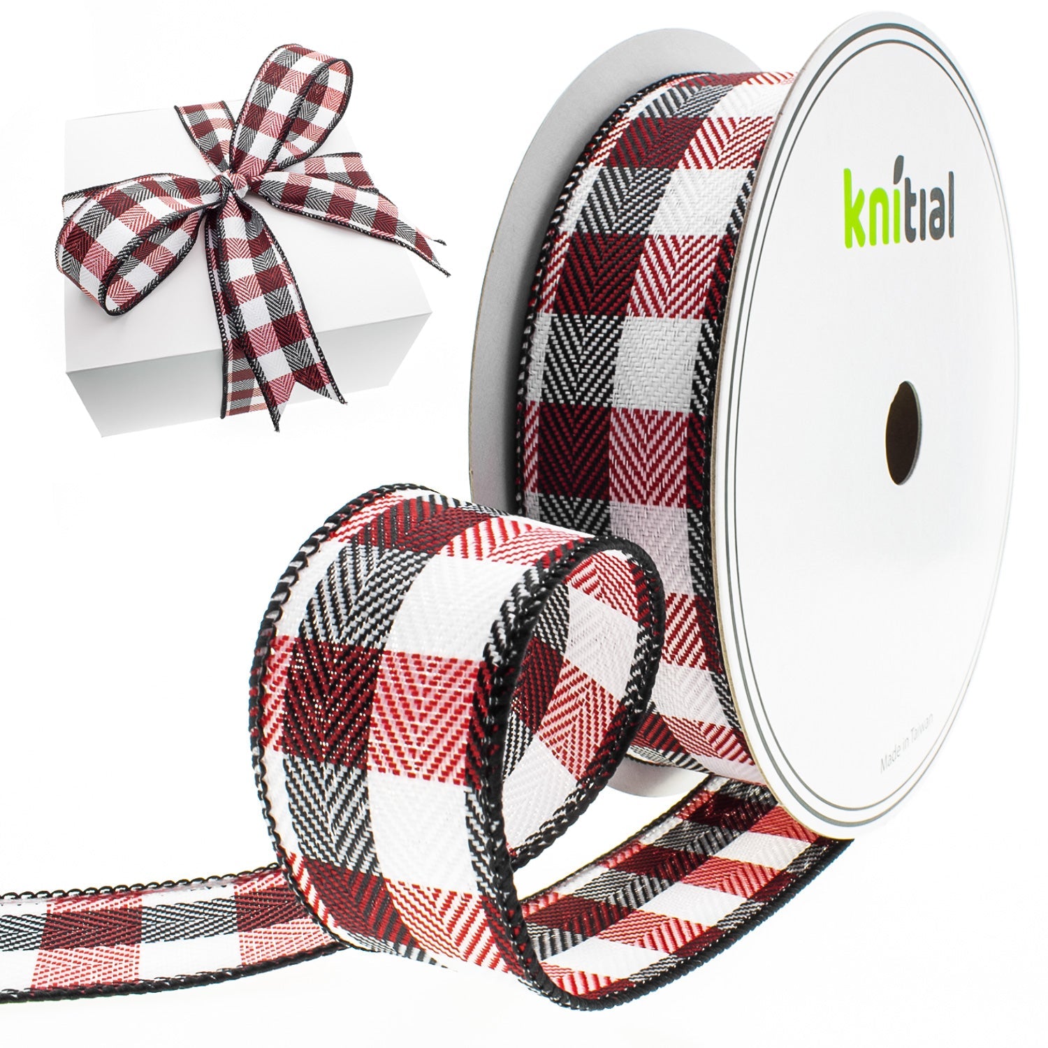 Knitial Wired Buffalo Multicolor Plaid Ribbon Red, Black, and White 1-1/2" x 25 Yards