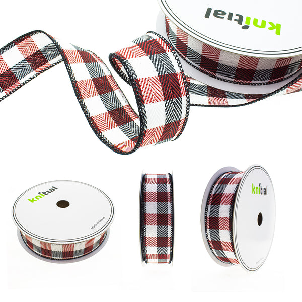 Knitial Wired Buffalo Check Ribbon Multicolor Red, Black, and White 1-1/2" x 25 Yards All Angles