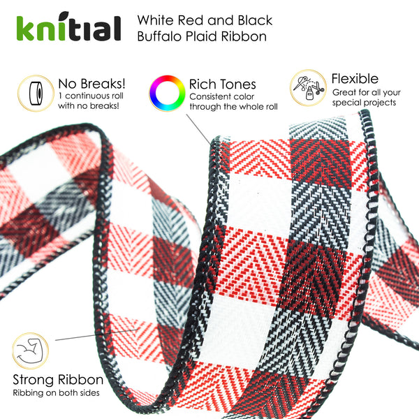 Knitial Wired Multicolor Buffalo Plaid Ribbon Red, Black, and White 1-1/2" x 25 Yards