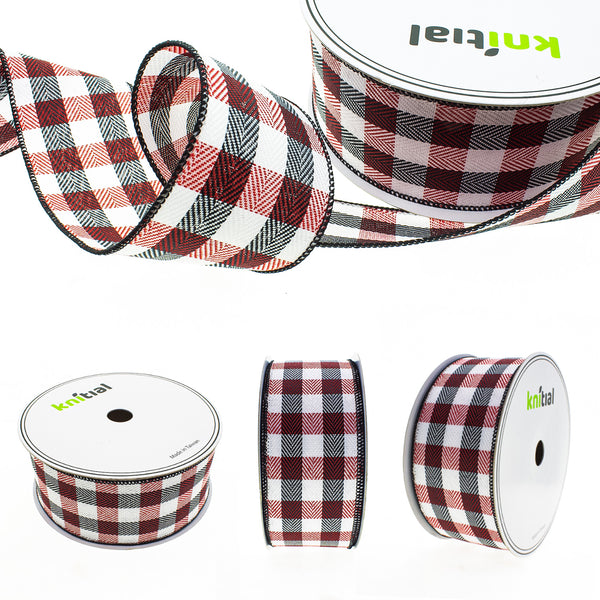 Knitial Wired Buffalo Plaid Ribbon Wired 2-1/2" x 25 Yards All Angles Red, Black, and White
