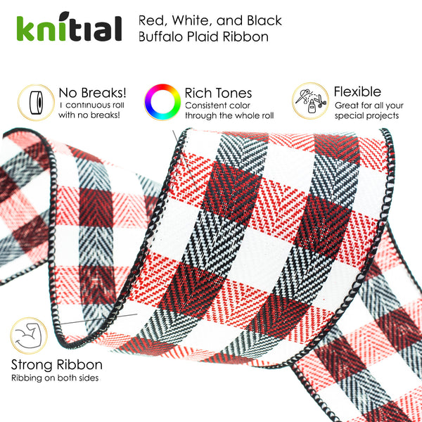 Knitial Wired Buffalo Plaid Multicolor Ribbon Red, Black, and White 2-1/2" x 25 Yard Features