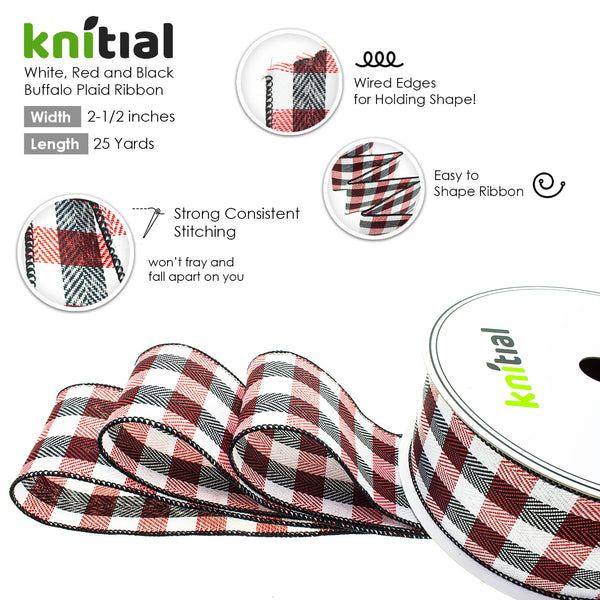 Knitial Buffalo Plaid Ribbon White, Red, and Black 2-1/2" x 25 Yard Features