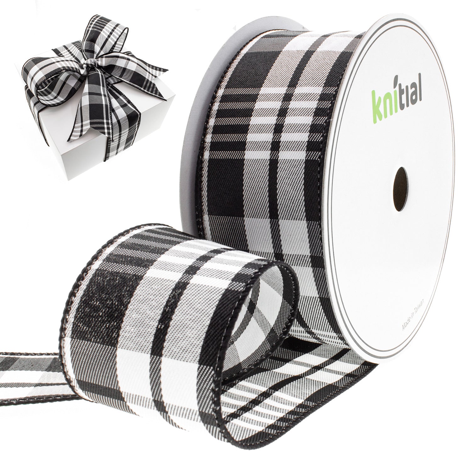 Knitial Wired Black and White Plaid Ribbon 2-1/2" x 25 Yards