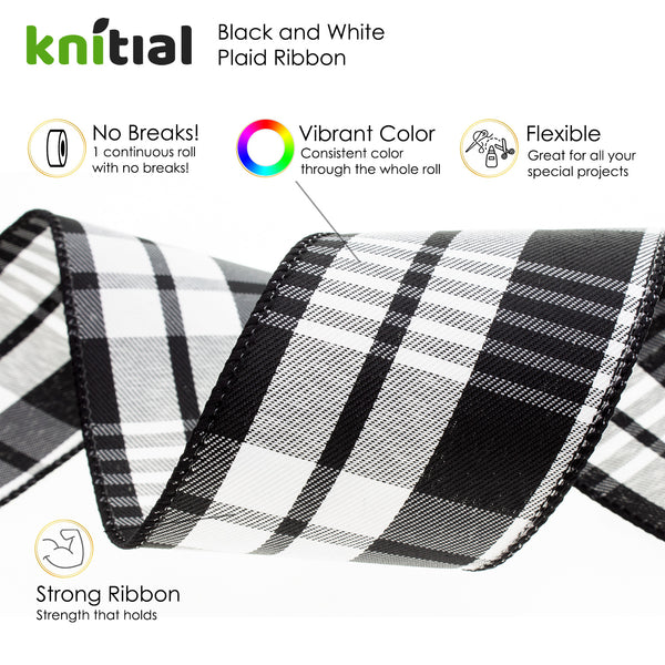 Knitial Black and White Wired Plaid Ribbon 2-1/2" x 25 Yards Features