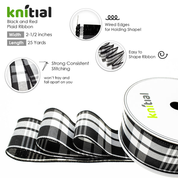 Knitial Black and White Wired Plaid Ribbon 2-1/2" x 25 Yards Features