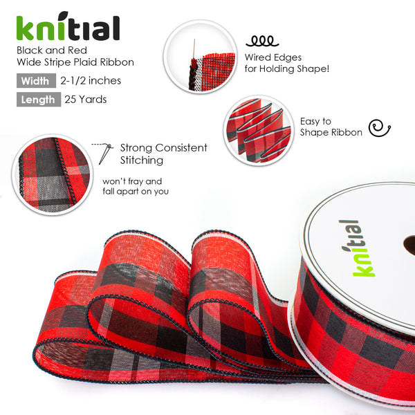 Knitial Wired Wide Stripe Plaid Ribbon 2-1/2" x 25 Yards Features