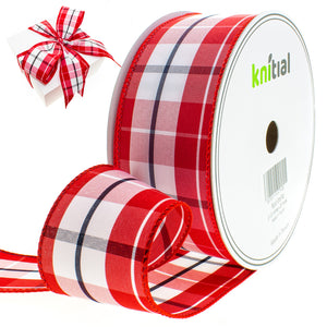 Knitial Wired Red and White Plaid Ribbon 2-1/2" x 25 Yards 