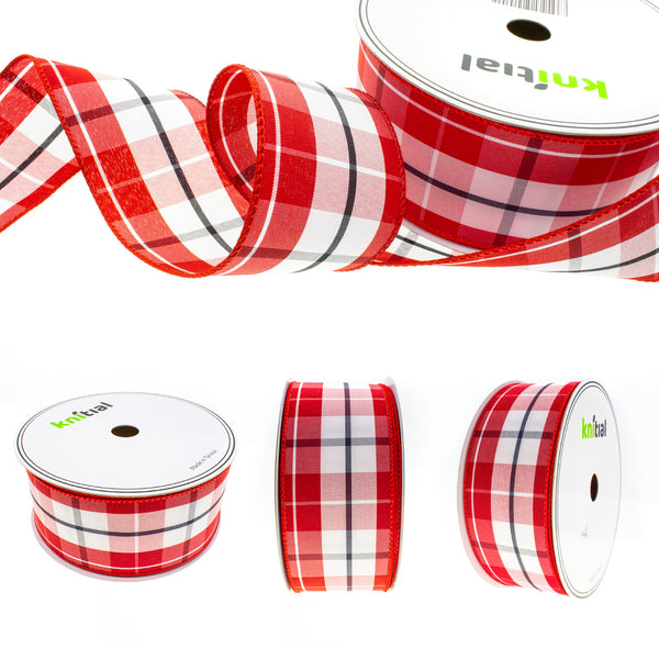 Knitial Red and White Wired Plaid Ribbon 2-1/2" x 25 Yards All Angles