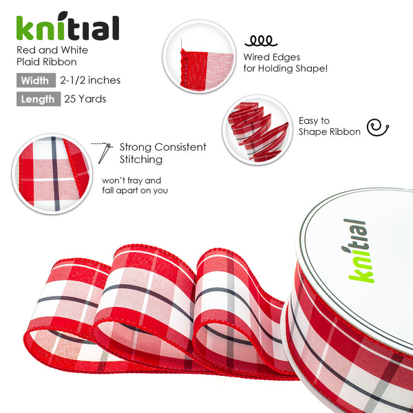 Knitial Red and White Wired Plaid Ribbon 2-1/2" x 25 Yards Features