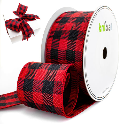 Knitial Wired Buffalo Plaid Black and Red Ribbon 2-1/2" x 25 Yards