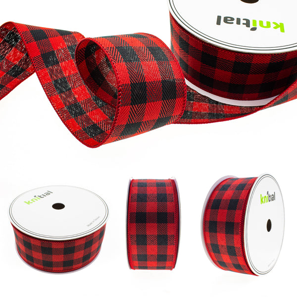 Knitial Black and Red Buffalo Plaid Ribbon 2-1/2" x 25 Yards All Angles