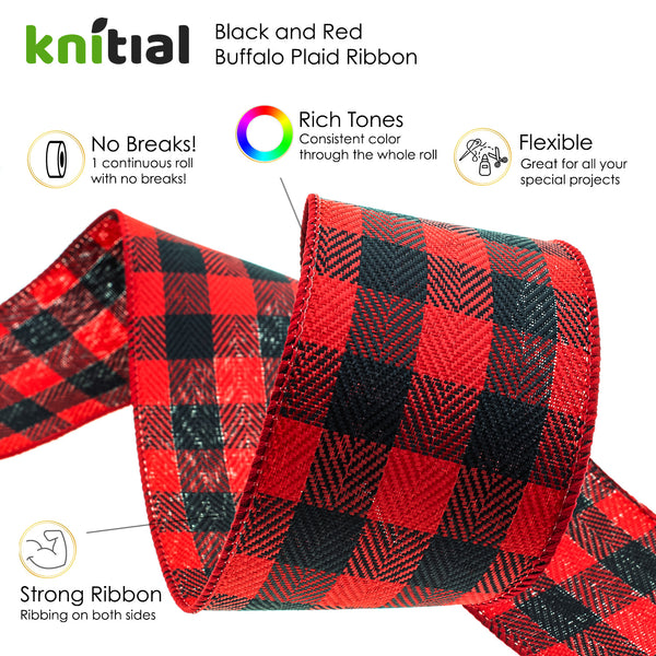 Knitial Buffalo Plaid Black and Red Wired Ribbon 2-1/2" x 25 Yards Features