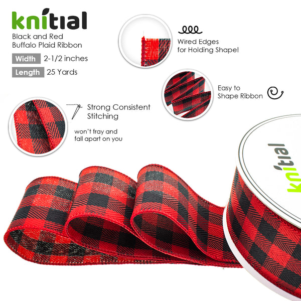 Knitial Black and Red Buffalo Plaid Ribbon 2-1/2" x 25 Yards Wired Features 2