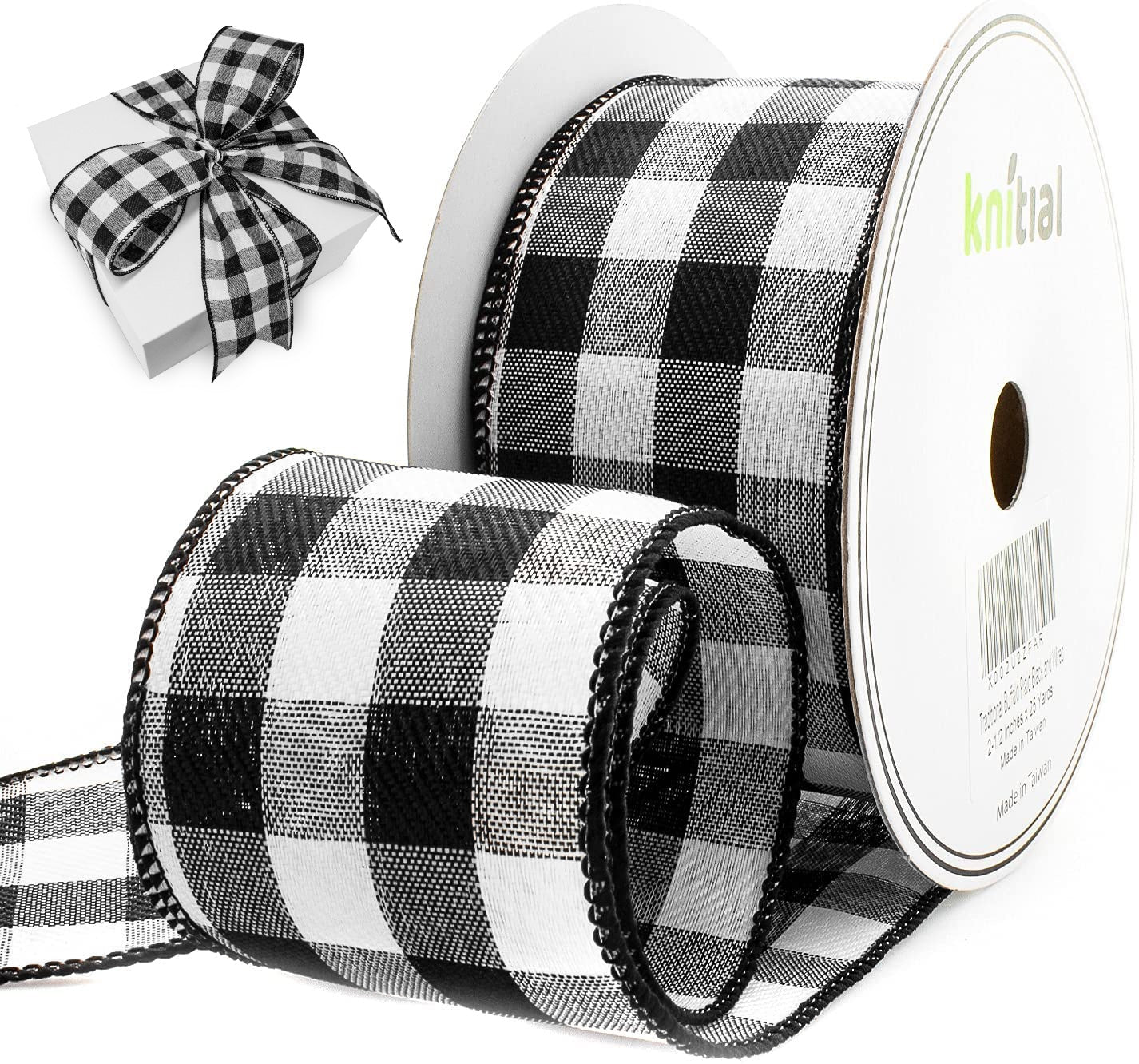Knitial Traditional Buffalo Plaid Black and White Ribbon