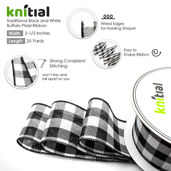 Knitial Wired Buffalo Plaid Ribbon Black and White Features