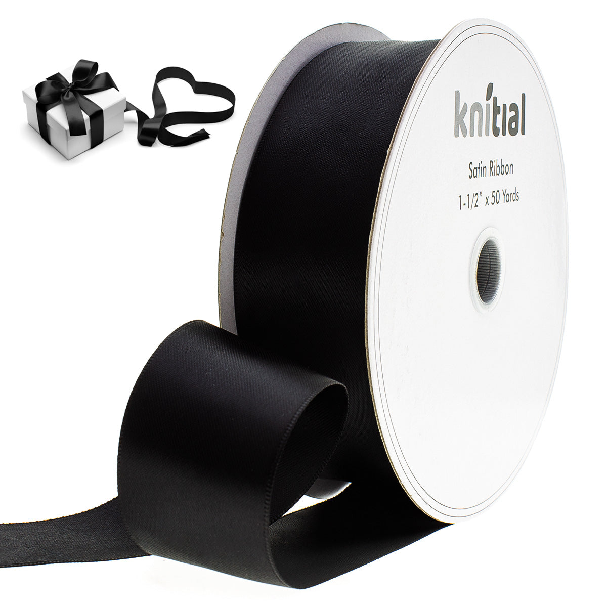Knitial Double Faced Black Satin Ribbon 1-1/2" x 50 Yards