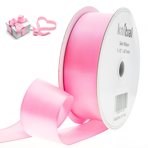 Knitial Double Faced Pink Satin Ribbon 1-1/2" x 50 Yards